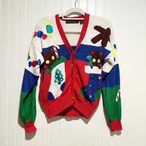 Vintage Teddy Bear Christmas Sweater Cardigan Stars Stockings Size Small Petite